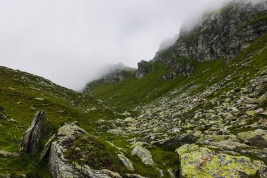 Vadide bir sürü kaya ve yoğun sis ile yaz mevsiminde zirvede yürüyüş yapmak