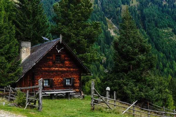 Szép Sötét Fából Készült Alpesi Kunyhó Kerítéssel Erdőben Egy Hegyről — Stock Fotó