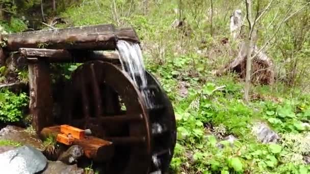 Stary Wspaniały Koło Wodne Górach Podczas Wędrówki Lecie — Wideo stockowe