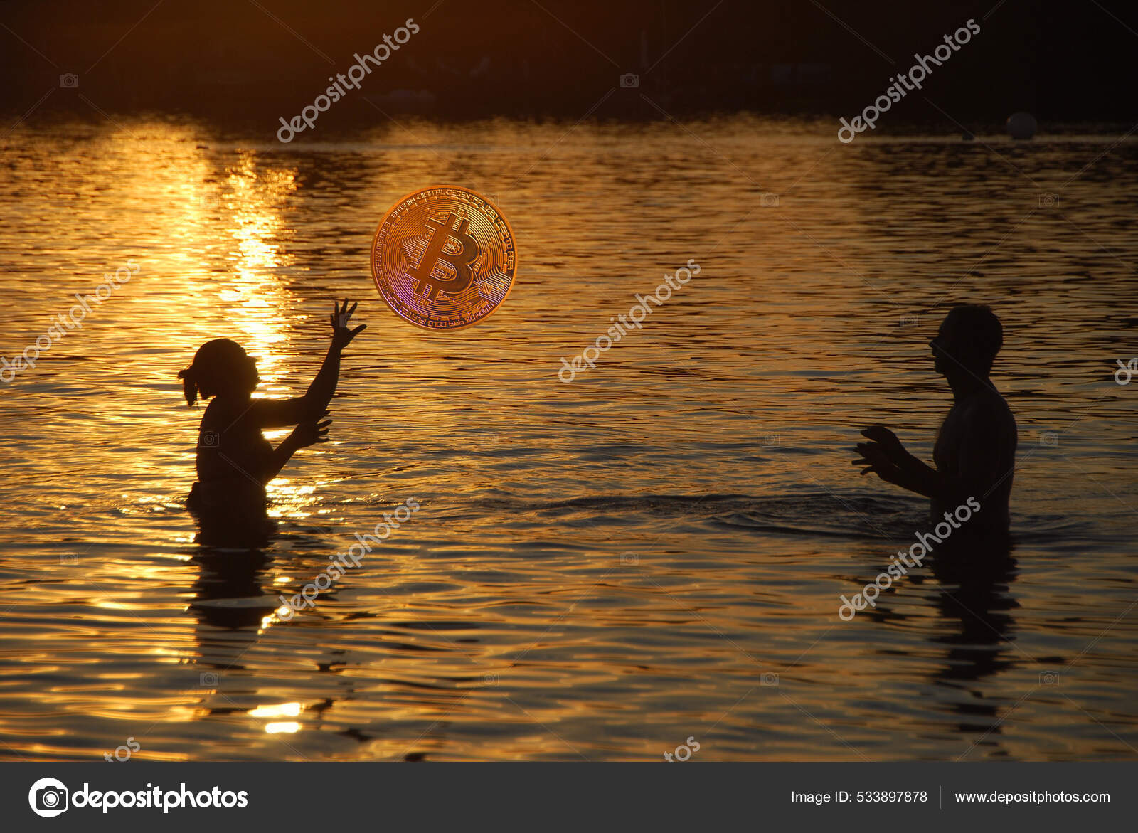 Couple Playing Ball Bitcoin Water Sunset — Stock Photo © thomaseder  #533897878