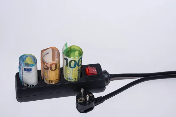 Energieverbruik Stijging Van Elektriciteitsprijzen Drie Euro Rekeningen Een Strook Een — Stockfoto