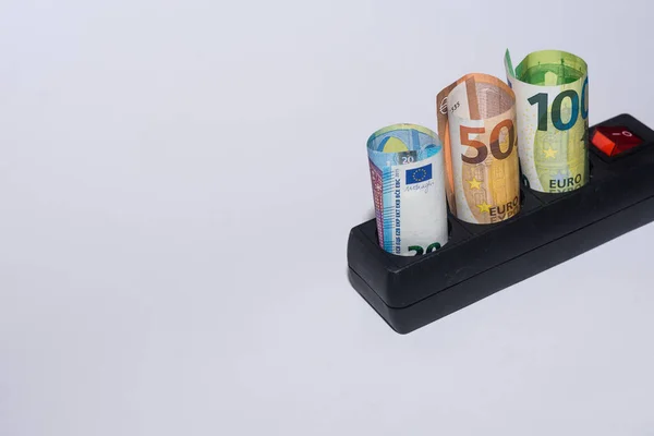 Consumo Energia Aumento Dos Preços Eletricidade Três Notas Euro Uma — Fotografia de Stock
