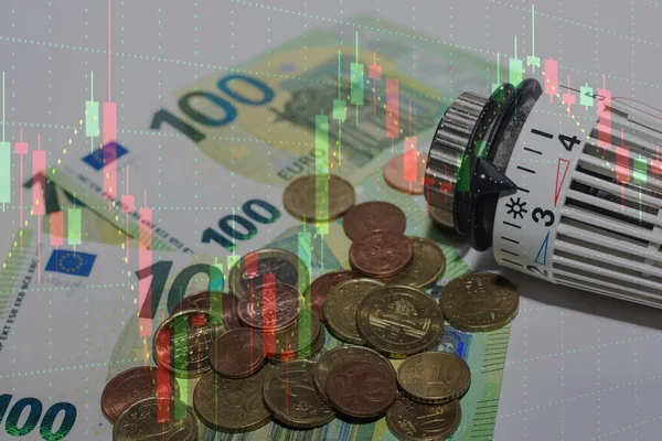 Energiaárak Emelkedése Energiafogyasztás Termosztatikus Szabályozó Pénzzel Marke Diagramjával — Stock Fotó