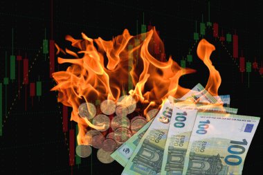 Dünya genelinde enflasyon, kara fon üzerine pazardan bir tablo gibi 100 euro 'luk banknotlar ve madeni paralar yakıyor