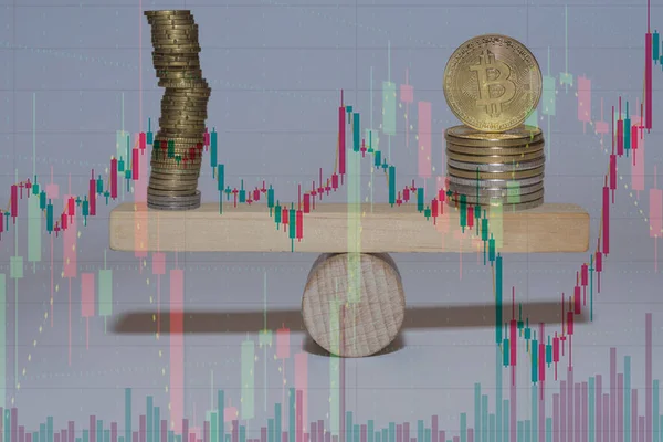 Bitcoin Empilhado Moedas Uma Mandíbula Madeira Com Gráficos Mercado Fundo — Fotografia de Stock