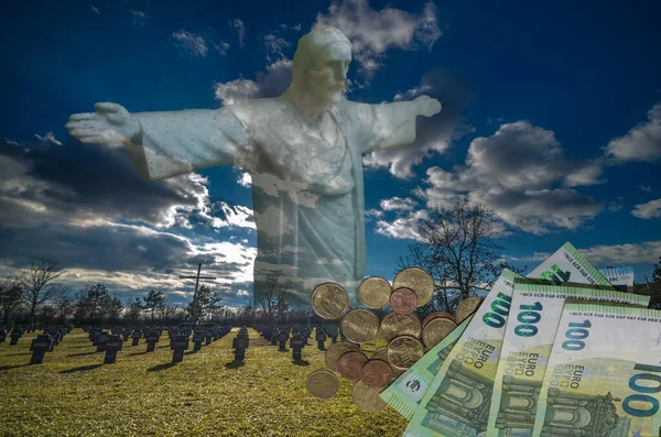 Statue Jésus Priant Pour Liberté Sur Cimetière Militaire Guerre Mondiale — Photo
