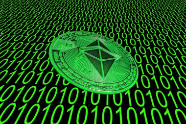 yeşil ikili kod ve ethereum crypto para biriminin eğimli görünümlü değerli yeşil eter para
