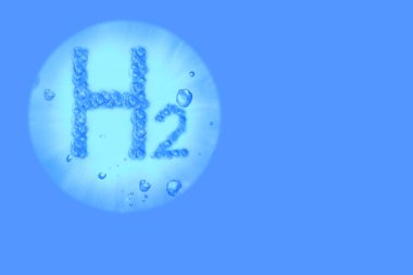 H2 harfli kabarcıklar geleceğin hidrojen yeşil enerjisi mavi arkaplanlı