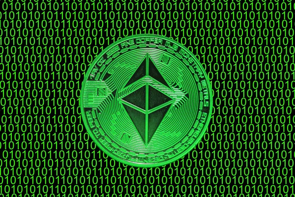 Зелений Двійковий Код Цінна Зелена Монета Ефіру Криптовалюти Ethereum Прямий — стокове фото