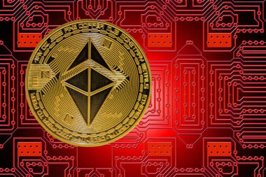 Arka planda kırmızı pano olan ethereum kripto para biriminden altın değerli tek eter.