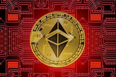 Arka planda kırmızı panelli ethereum kripto para biriminden altın değerli tek eter.
