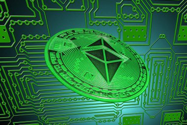 yeşil devre kartı ve ethereum kripto para biriminden değerli bir yeşil eter para.