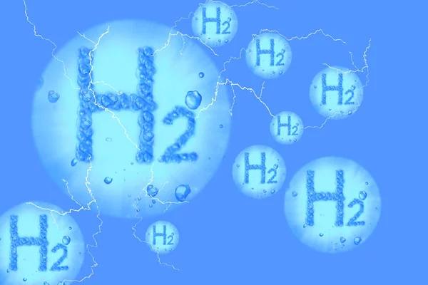 许多带有气泡的H2字母 未来的氢气绿色能源 具有光照和蓝色背景 — 图库照片