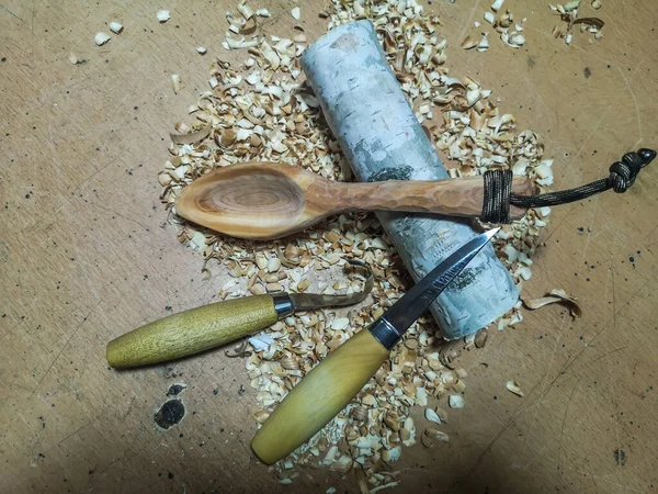 Nice Carved Wooden Spoon Peave Birch Knifes — Stock Photo, Image