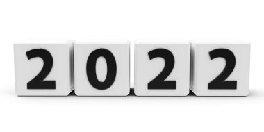 2022 numaralı beyaz küpler yeni 2022 yılını temsil ediyor, beyaz bir masa üzerinde, üç boyutlu, üç boyutlu bir resimleme.