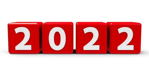 Червоні Кубики Номером 2022 Білому Столі Тривимірне Рендерингу Ілюстрація — стокове фото