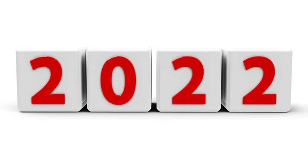 Fehér Kockák Piros Számmal 2022 Fehér Asztalon Háromdimenziós Renderelés Illusztráció — Stock Fotó