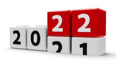 Beyaz bir tabloda 2021-2022 yılları arasında değişen beyaz küpleri yeni 2022 yılını, üç boyutlu görüntülemeyi, üç boyutlu illüstrasyonu temsil eder.