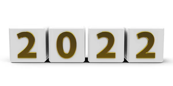 Білі Кубики Золотим Номером 2022 Білому Столі Тривимірне Рендерингу Ілюстрація — стокове фото