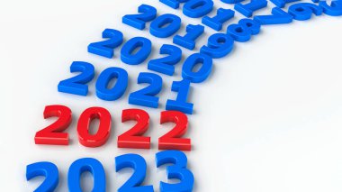 Çemberdeki 2022 geçişi yeni yılı temsil ediyor. 2022, üç boyutlu çizim, üç boyutlu illüstrasyon.