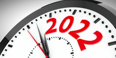 2022 yılının siyah saati yeni yılı temsil ediyor. 2022, üç boyutlu çizim, üç boyutlu illüstrasyon.