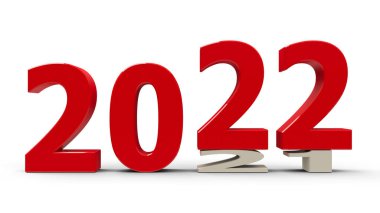 2021-2022 değişimi yeni yılı temsil ediyor. 2022, üç boyutlu çizim, üç boyutlu illüstrasyon.
