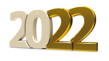 Altın 2022 sembolü, beyaz arkaplanda izole edilmiş simge veya düğme, yeni yıl 2022 'yi temsil eder, üç boyutlu çizim, üç boyutlu illüstrasyon