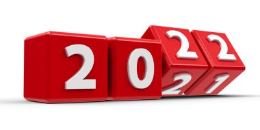 Beyaz bir tablodaki 2021-2022 arası kırmızı küpler yeni 2022 'yi temsil ediyor, üç boyutlu çizim, üç boyutlu çizim