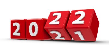 Beyaz masadaki 2021-2022 arası kırmızı küpler yeni 2022 'yi temsil ediyor, üç boyutlu çizim, üç boyutlu illüstrasyon.