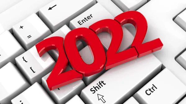 2022 icon on the computer keyboard background represents the new year 2022, three-dimensional rendering, 3D illustration