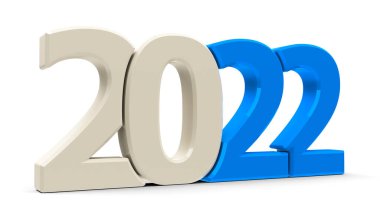 Mavi 2022 sembolü, beyaz arkaplanda izole edilmiş simge veya düğme, yeni yıl 2022 'yi temsil ediyor, üç boyutlu çizim, üç boyutlu illüstrasyon