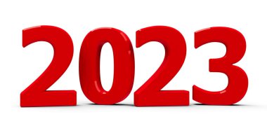 Red 2023 symbol, icon or button isolated on white background, represents the new year 2023, three-dimensional rendering, 3D illustration