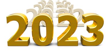Gold 2023 comes represents the new year 2023, three-dimensional rendering, 3D illustration