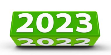 Green cube (cuboid) with 2023-2022 change on a white table represents the new 2023, three-dimensional rendering, 3D illustration