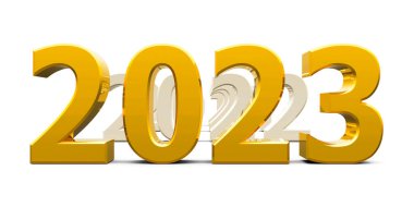 Altın 2023, yeni yılı temsil ediyor. 2023, üç boyutlu çizim, üç boyutlu illüstrasyon.