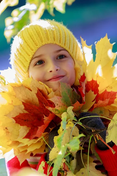 Diversión de otoño - chica encantadora tiene una diversión en hojas de otoño —  Fotos de Stock