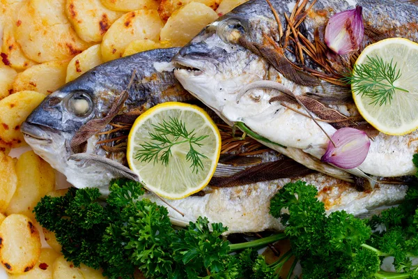 Fish - grilled sea bream with baked potatoes — Stock Image Fish - grilled sea bream with baked potatoes Royalty Free Stock Photos