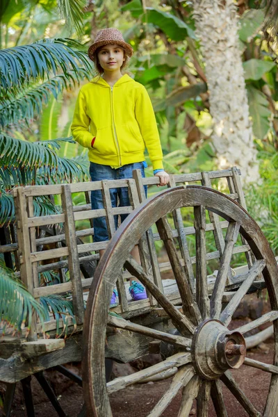 Land levende, portret van mooi meisje op houten paard kar — Stockfoto