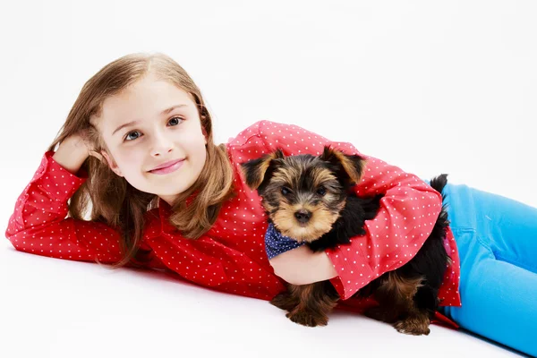 Giovane ragazza con cucciolo, carino Yorkshire terrier - migliori amici — Foto Stock