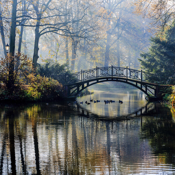 Autumn - Old bridge in autumn misty park