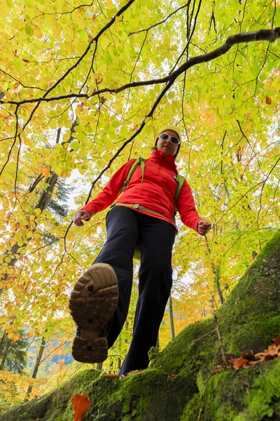 Podzimní trek - žena na horské túry — Stock fotografie
