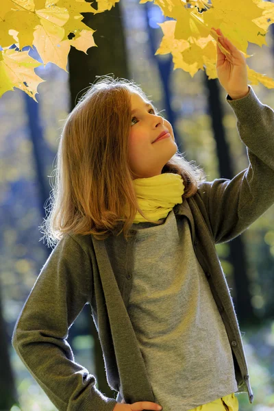 Herfst fun - mooi meisje heeft een leuke in herfst park — Stockfoto