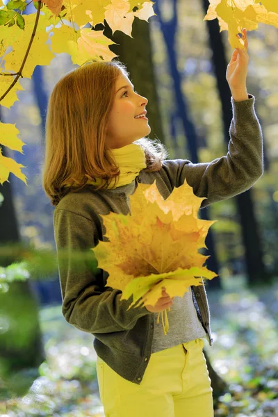 Diversión de otoño - chica encantadora se divierte en el parque de otoño —  Fotos de Stock