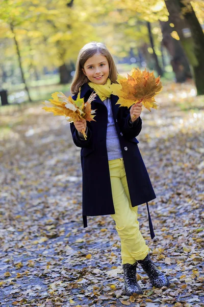 Podzimní zábavu - krásná dívka má zábavu v podzimním parku — Stock fotografie