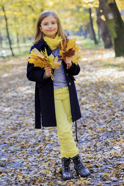 Diversión de otoño - chica encantadora se divierte en el parque de otoño —  Fotos de Stock