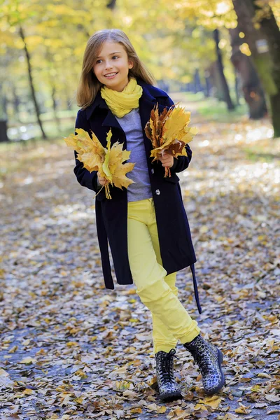 Jesienne zabawy - piękny dziewczyna ma zabawy w parku jesień — Zdjęcie stockowe