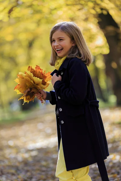 Diversão de outono - linda menina tem uma diversão no parque de outono — Fotografia de Stock