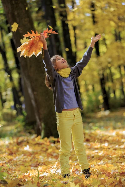 Herfst fun - mooi meisje heeft een leuke in herfst park — Stockfoto