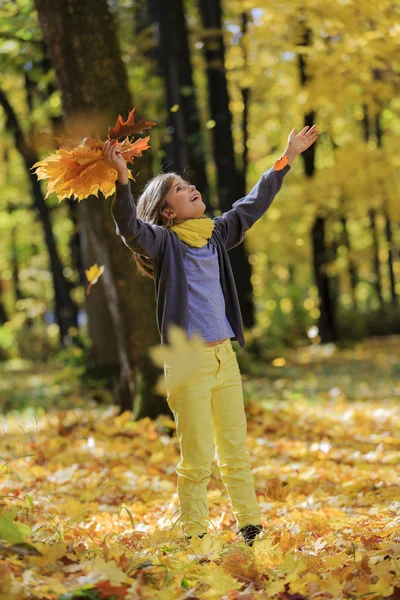 Diversión de otoño - chica encantadora se divierte en el parque de otoño —  Fotos de Stock