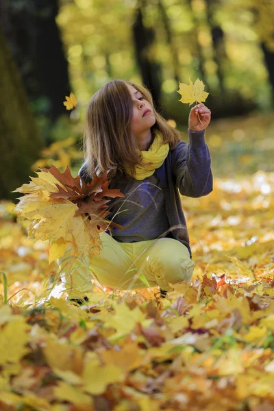 Herbstspaß - schönes Mädchen hat Spaß im Herbstpark — Stockfoto